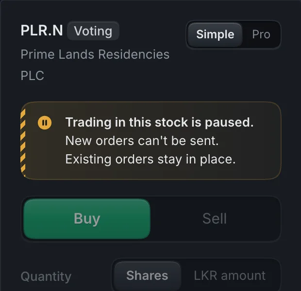 Order ticket for PLR.N with a paused trading message