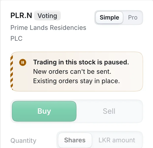 Order ticket for PLR.N with a paused trading message