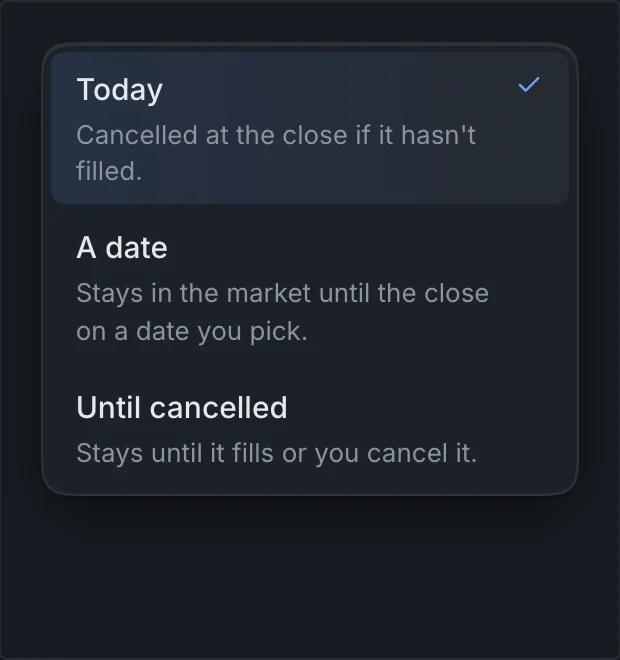Open list with three Valid until choices and a description for each