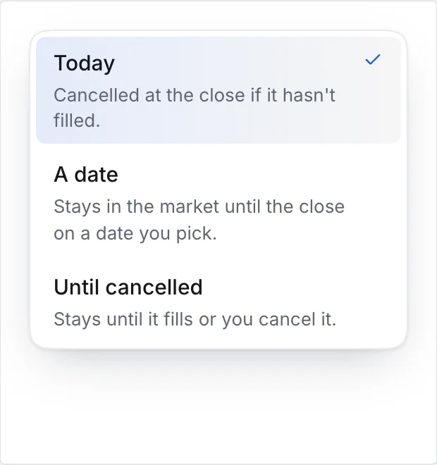 Open list with three Valid until choices and a description for each