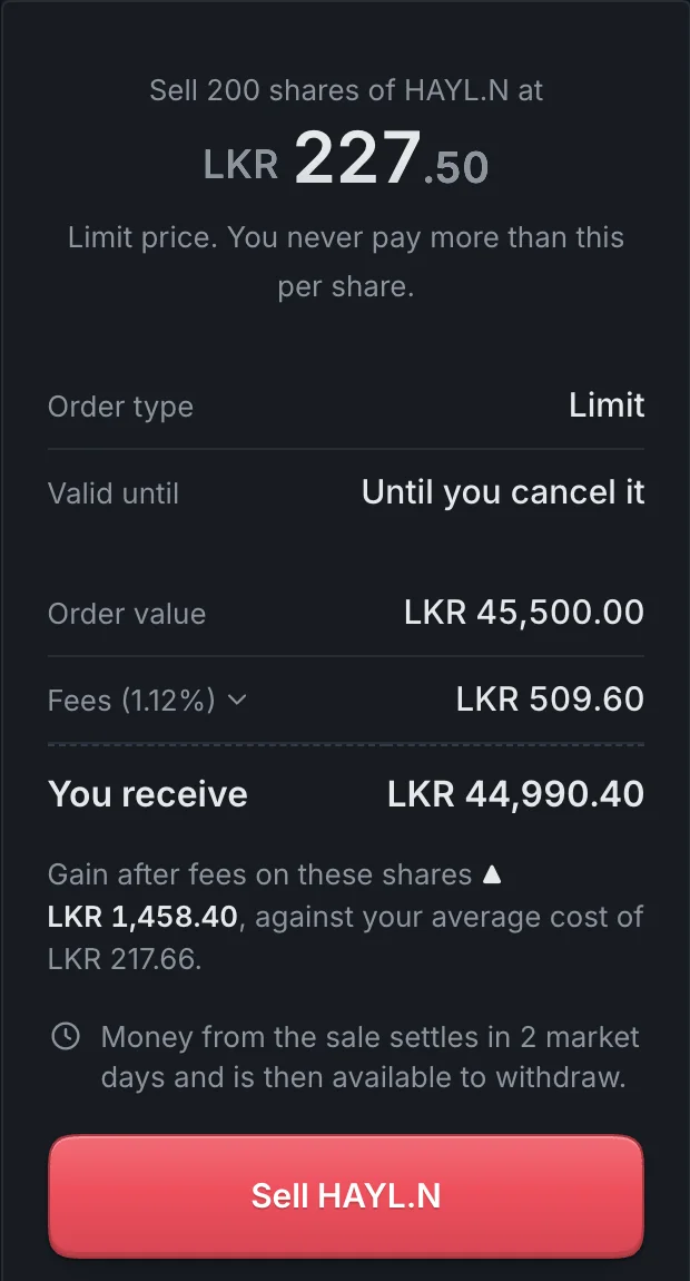 Order review for selling HAYL.N with fees and settlement