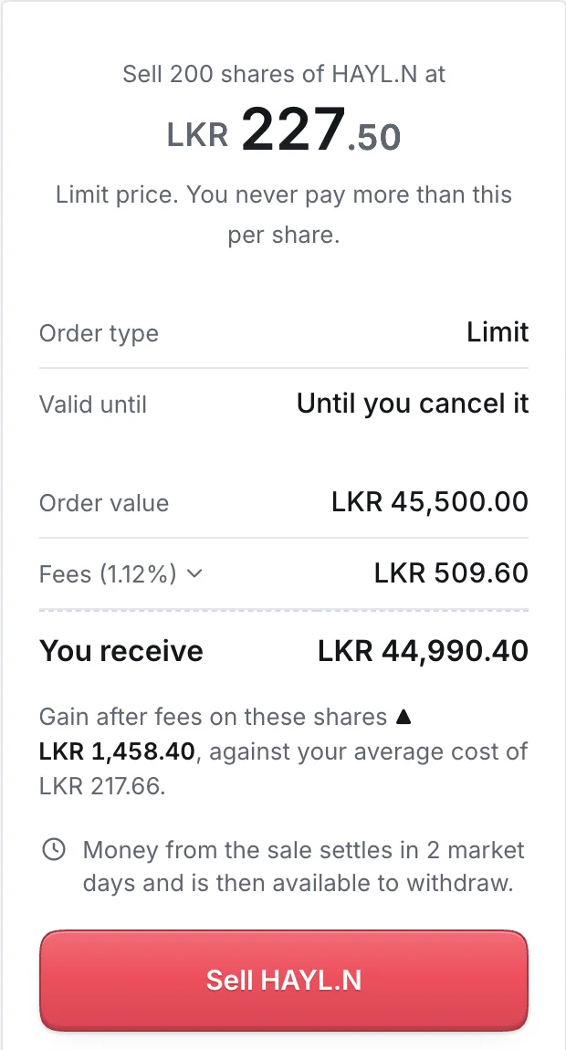 Order review for selling HAYL.N with fees and settlement