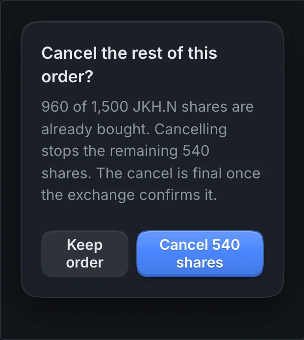 Dialog asking whether to cancel the rest of an order