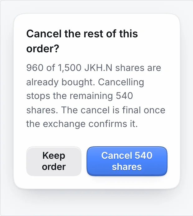 Dialog asking whether to cancel the rest of an order