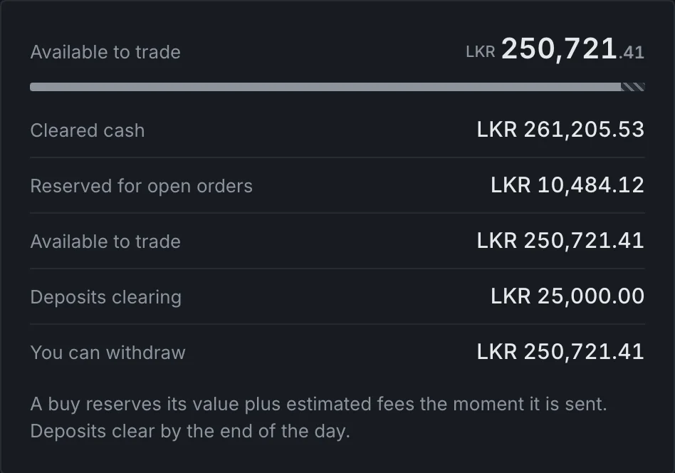 Cash summary with available to trade and five named amounts