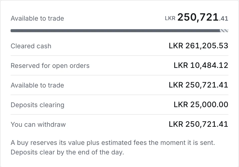Cash summary with available to trade and five named amounts