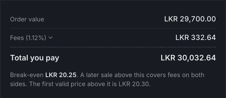 Fee breakdown showing order value, fees and total
