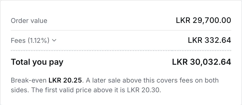 Fee breakdown showing order value, fees and total