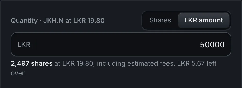 Quantity field in LKR amount mode showing whole shares and leftover