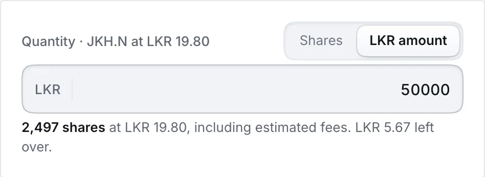 Quantity field in LKR amount mode showing whole shares and leftover