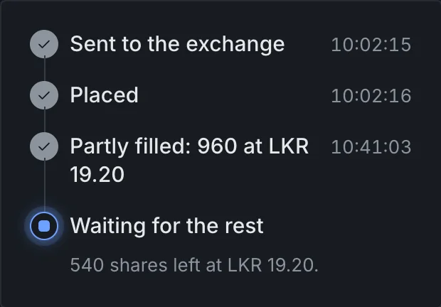 Order timeline with three completed steps and a current step