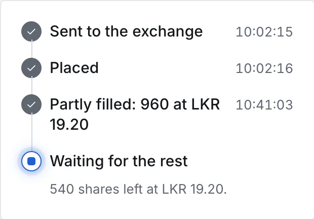 Order timeline with three completed steps and a current step